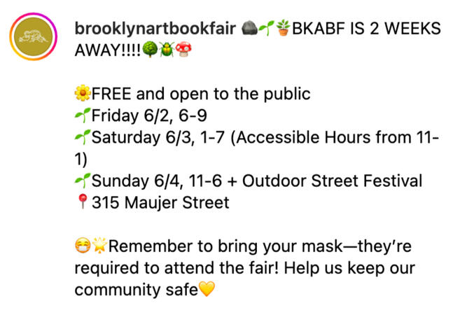 Screencap of a caption from the fair's Instagram, which gives visiting details and masking reminders.